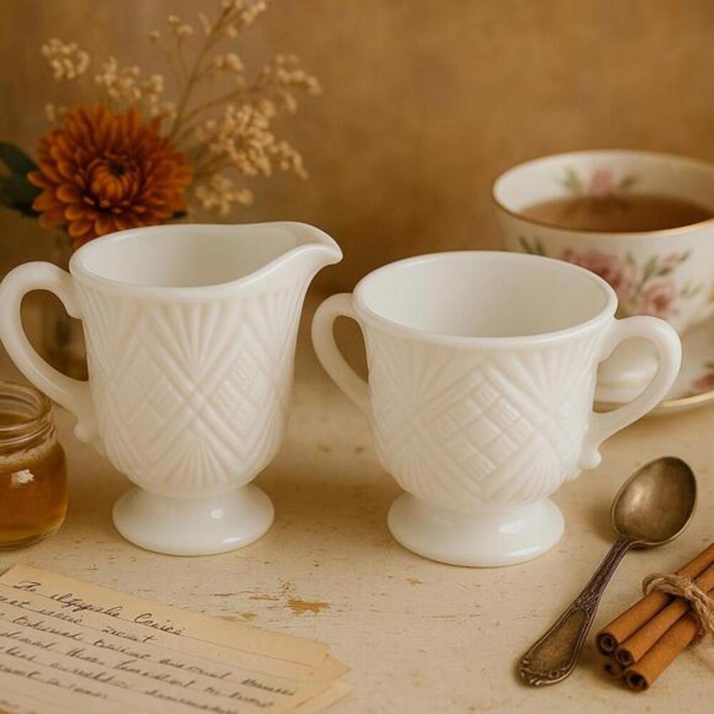 Vintage Milk Glass Creamer & Sugar Bowl Set Quilt Pattern Pedestal Base